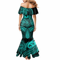 Polynesia Mermaid Dress Whale Tale and Polynesian Sunset Plumeria Turquoise - Wonder Print Shop