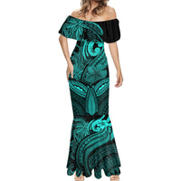 Polynesia Mermaid Dress Whale Tale and Polynesian Sunset Plumeria Turquoise - Wonder Print Shop