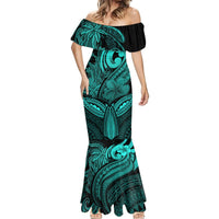 Polynesia Mermaid Dress Whale Tale and Polynesian Sunset Plumeria Turquoise - Wonder Print Shop