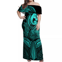 Polynesia Off Shoulder Maxi Dress Whale Tale and Polynesian Sunset Plumeria Turquoise - Wonder Print Shop