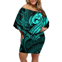 Polynesia Off Shoulder Short Dress Whale Tale and Polynesian Sunset Plumeria Turquoise - Wonder Print Shop