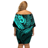 Polynesia Off Shoulder Short Dress Whale Tale and Polynesian Sunset Plumeria Turquoise - Wonder Print Shop