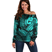 Polynesia Off Shoulder Sweater Whale Tale and Polynesian Sunset Plumeria Turquoise - Wonder Print Shop