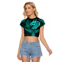 Polynesia Raglan Cropped T Shirt Whale Tale and Polynesian Sunset Plumeria Turquoise - Wonder Print Shop