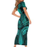 Polynesia Short Sleeve Bodycon Dress Whale Tale and Polynesian Sunset Plumeria Turquoise - Wonder Print Shop