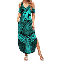 Polynesia Summer Maxi Dress Whale Tale and Polynesian Sunset Plumeria Turquoise - Wonder Print Shop