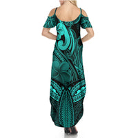 Polynesia Summer Maxi Dress Whale Tale and Polynesian Sunset Plumeria Turquoise - Wonder Print Shop