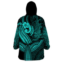 Polynesia Wearable Blanket Hoodie Whale Tale and Polynesian Sunset Plumeria Turquoise - Wonder Print Shop