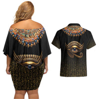 Egypt Eyes Of Horus Couples Matching Off Shoulder Short Dress and Hawaiian Shirt with Egyptian Hieroglyphs LT9 - Wonder Print Shop