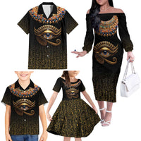 Egypt Eyes Of Horus Family Matching Off The Shoulder Long Sleeve Dress and Hawaiian Shirt with Egyptian Hieroglyphs - Wonder Print Shop