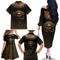 Egypt Eyes Of Horus Family Matching Off The Shoulder Long Sleeve Dress and Hawaiian Shirt with Egyptian Hieroglyphs - Wonder Print Shop