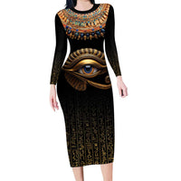 Egypt Eyes Of Horus Long Sleeve Bodycon Dress with Egyptian Hieroglyphs - Wonder Print Shop