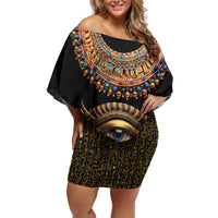 Egypt Eyes Of Horus Off Shoulder Short Dress with Egyptian Hieroglyphs - Wonder Print Shop