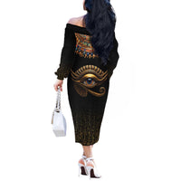 Egypt Eyes Of Horus Off The Shoulder Long Sleeve Dress with Egyptian Hieroglyphs - Wonder Print Shop
