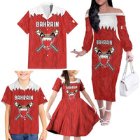 Custom Bahrain Cricket Family Matching Off The Shoulder Long Sleeve Dress and Hawaiian Shirt Coat of arms of Bahrain with Sporty Pattern - Wonder Print Shop