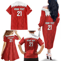 Custom Bahrain Cricket Family Matching Off The Shoulder Long Sleeve Dress and Hawaiian Shirt Coat of arms of Bahrain with Sporty Pattern - Wonder Print Shop