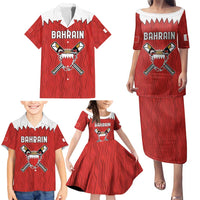 Custom Bahrain Cricket Family Matching Puletasi and Hawaiian Shirt Coat of arms of Bahrain with Sporty Pattern - Wonder Print Shop