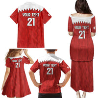 Custom Bahrain Cricket Family Matching Puletasi and Hawaiian Shirt Coat of arms of Bahrain with Sporty Pattern - Wonder Print Shop