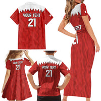 Custom Bahrain Cricket Family Matching Short Sleeve Bodycon Dress and Hawaiian Shirt Coat of arms of Bahrain with Sporty Pattern - Wonder Print Shop