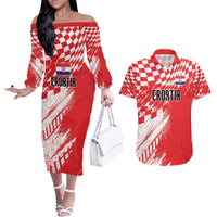 Croatia Rugby Custom Couples Matching Off The Shoulder Long Sleeve Dress and Hawaiian Shirt Chessboard with Sporty Pattern LT9 - Wonder Print Shop