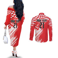 Croatia Rugby Custom Couples Matching Off The Shoulder Long Sleeve Dress and Long Sleeve Button Shirt Chessboard with Sporty Pattern