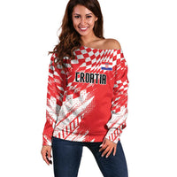 Croatia Rugby Custom Off Shoulder Sweater Chessboard with Sporty Pattern - Wonder Print Shop