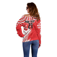 Croatia Rugby Custom Off Shoulder Sweater Chessboard with Sporty Pattern - Wonder Print Shop