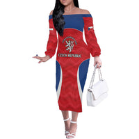 Czech Republic Rugby Custom Off The Shoulder Long Sleeve Dress Silver Double-tailed Lion Sporty Pattern - Wonder Print Shop