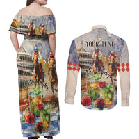Personalized Kentucky Horse Race Couples Matching Off Shoulder Maxi Dress and Long Sleeve Button Shirt With Mint Julep Cocktail LT9 - Wonder Print Shop
