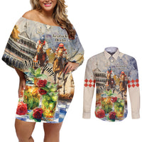 Personalized Kentucky Horse Race Couples Matching Off Shoulder Short Dress and Long Sleeve Button Shirt With Mint Julep Cocktail LT9 - Wonder Print Shop