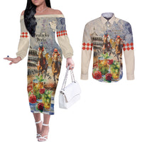 Personalized Kentucky Horse Race Couples Matching Off The Shoulder Long Sleeve Dress and Long Sleeve Button Shirt With Mint Julep Cocktail