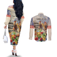 Personalized Kentucky Horse Race Couples Matching Off The Shoulder Long Sleeve Dress and Long Sleeve Button Shirt With Mint Julep Cocktail