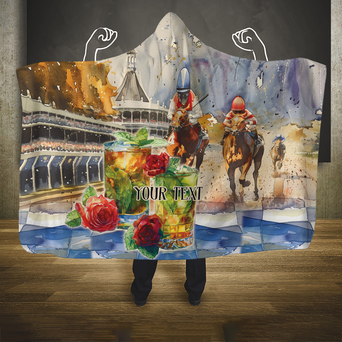 Personalized Kentucky Horse Race Hooded Blanket With Mint Julep Cocktail