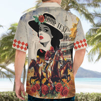 Personalized beige Hawaiian shirt back print with 'YOUR TEXT' banner, horses and roses.