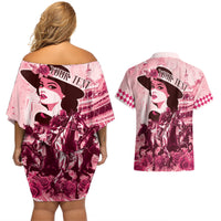 Personalized Kentucky Ladies Couples Matching Off Shoulder Short Dress and Hawaiian Shirt The Run For The Roses Derby - Pink Out LT9 - Wonder Print Shop