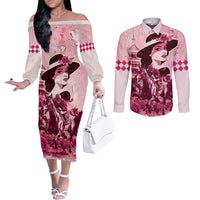 Personalized Kentucky Ladies Couples Matching Off The Shoulder Long Sleeve Dress and Long Sleeve Button Shirt The Run For The Roses Derby - Pink Out