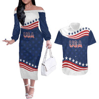 United States Pacific Rugby Custom Couples Matching Off The Shoulder Long Sleeve Dress and Hawaiian Shirt USA Classic Sporty Pattern
