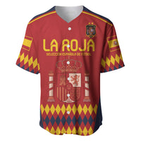 Red Spain football baseball jersey with V-neck, crest, and red-yellow geometric pattern