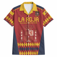 Red Spain football Hawaiian shirt with LA ROJA crest, gold trim, short sleeves