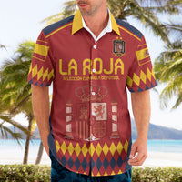 Maroon Spain football Hawaiian shirt with LA ROJA front graphic and crown emblem, short sleeves