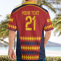 Maroon Spain football Hawaiian shirt back YOUR TEXT 21 with crest and patterned hem, short sleeves