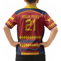 Maroon Spain football Hawaiian shirt back YOUR TEXT 21 with yellow argyle stripe, short sleeves