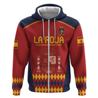 Red Spain football pullover hoodie with navy hood and graphic crest, full front print