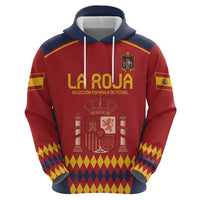 Red and navy Spain football hoodie with '21' back print, diamond pattern cuffs