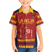 Kids red and navy polo shirt with yellow collar, Spain crest, and front graphic, worn