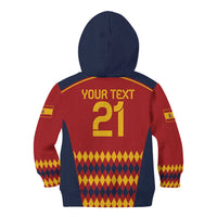 Kids zip hoodie back view, hood up, red-and-navy with YOUR TEXT and number 21
