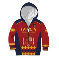 Kids zip hoodie with hood, LA ROJA front crest, red sleeves, navy base and zigzag