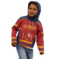 Kids zip hoodie with hood, red and navy body, LA ROJA front print, colorful sleeve pattern