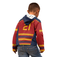 Kids zip hoodie back view with hood, navy upper, red sleeves, number 21