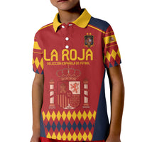 Kids red Spain soccer polo shirt, yellow collar trim, La Roja print, crest on front